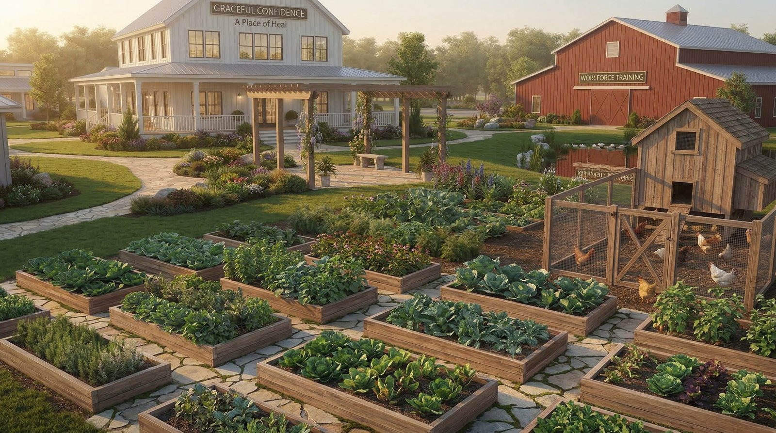 Women working in the therapeutic garden at the Graceful Confidence healing campus — raised garden beds, chickens, and a welcoming farmhouse in the background